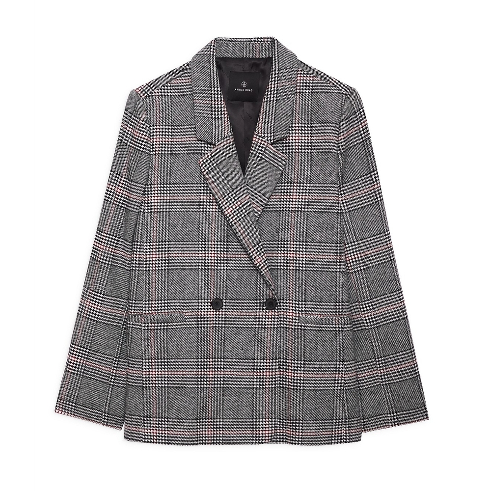 Anine Bing Madeleine Tailored Blazer Grey And Red Plaid